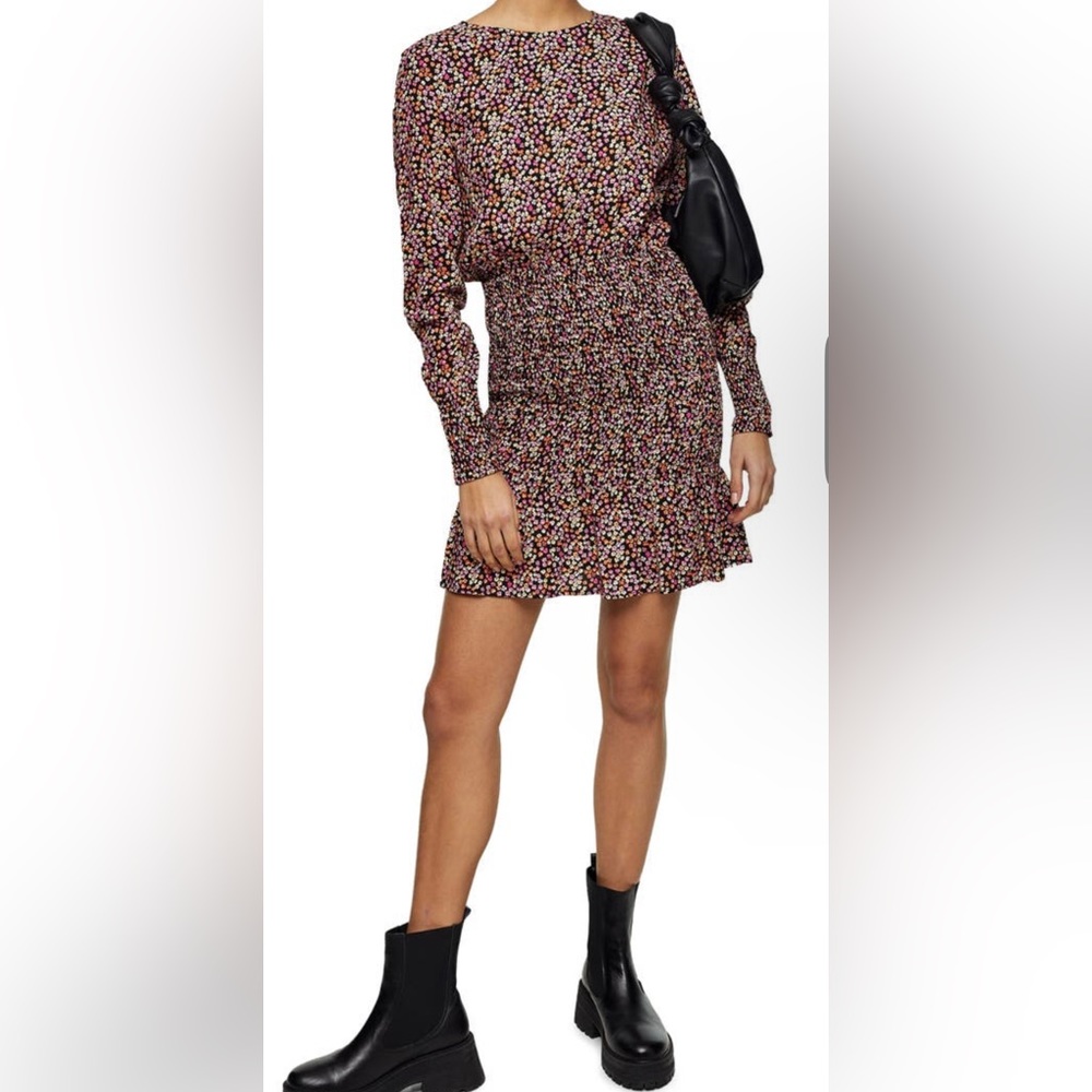 Topshop Floral Bottom Ruched Mini Dress Scoop Neck Long Sleeve Open Back Size 10 - Picture 2 of 9
